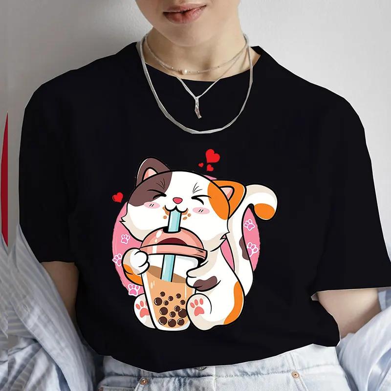Unisexs Tshirt Casual Kawaii Boba Milk Tea Print Tshirt Bubble Tea Cartoon Unisexs Tee Clothing Cute Cat Anime Tee Shirts Tops