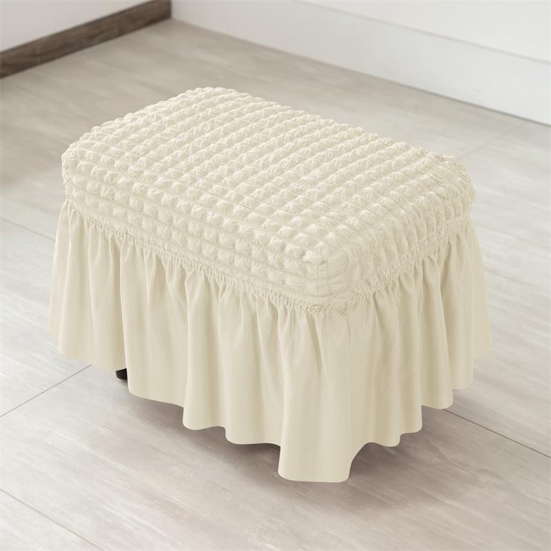 Stretch Skirt Ottoman Stool Cover Elastic Seersucker Footstool Covers Solid Color Footrest Slipcovers Protector for Living Room