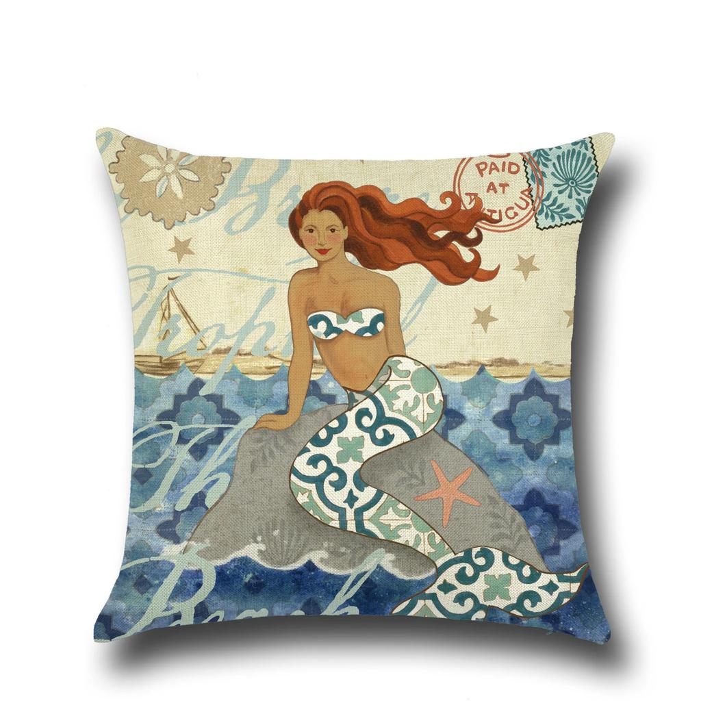 Sea Turtle Nautical Mermaid Pattern Cotton Linen Throw Pillow Cushion Cover Car Home Decoration Sofa Decorative Pillowcase 40018
