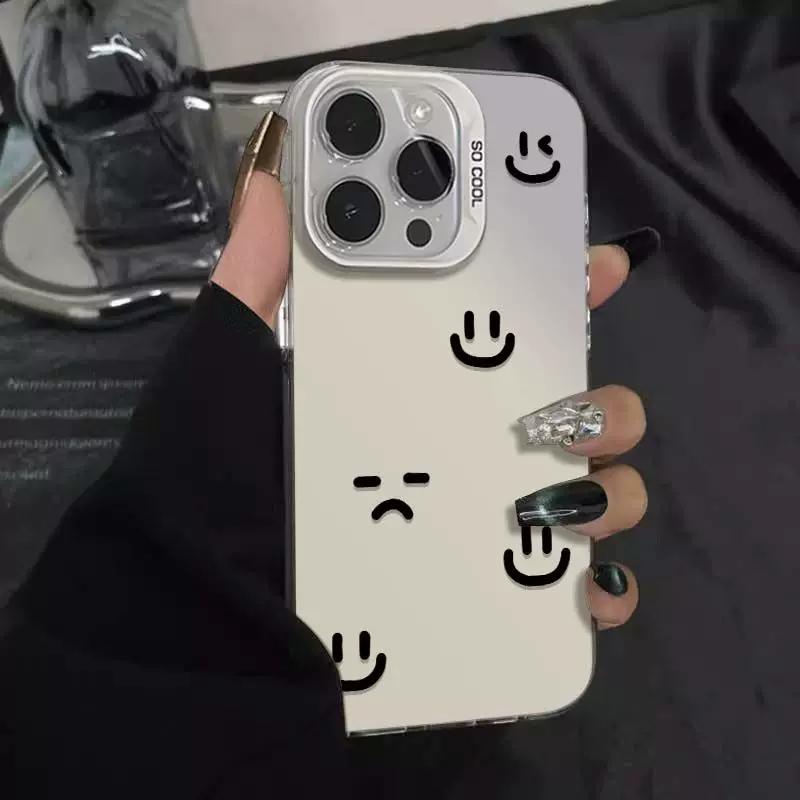 Moody Smiley Face Phone Case, Minimalist Emoji Pattern Shockproof Cover for iPhone