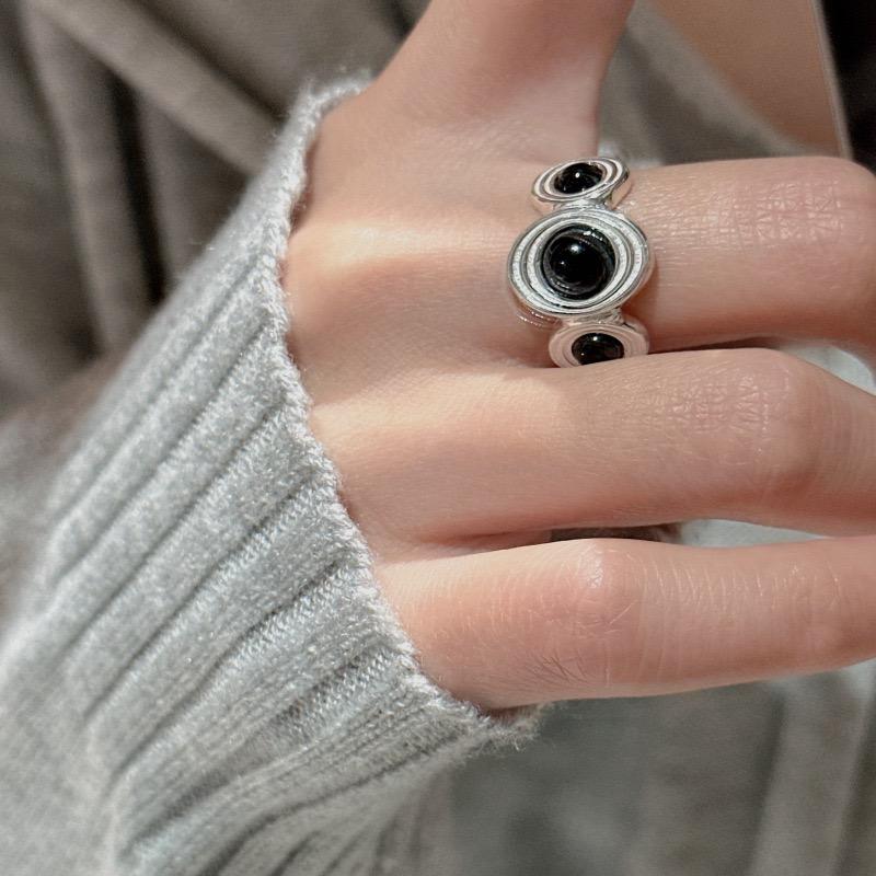925 Sterling Silver Rings For Women Geometric Fine Jewelry Finger Adjustable Simple Black Stone Bal Ring For Party Birthday Gift