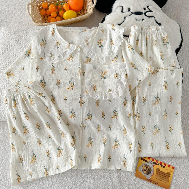 Cloud Cotton Three-Piece Pajamas Women'S Summer Doll Collar Short-Sleeved High-End Floral Loungewear