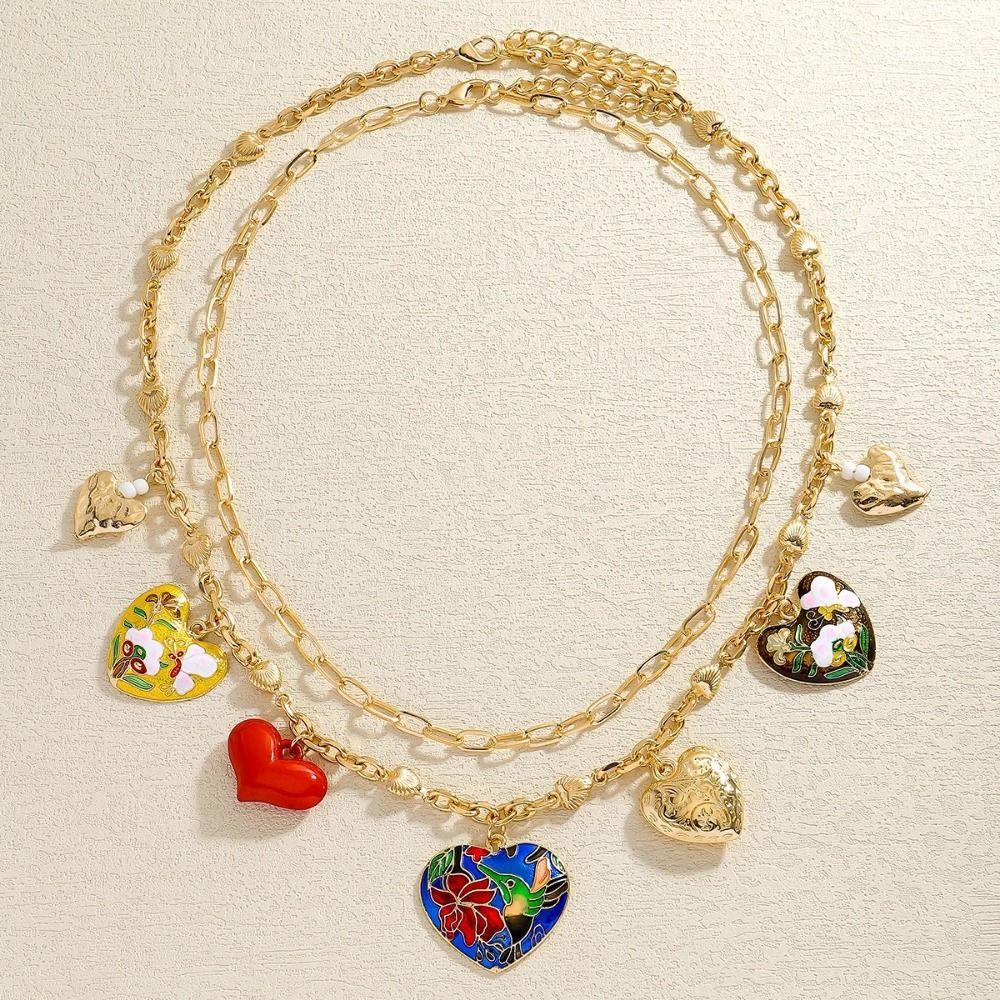 Flower Big Heart Pendant Necklace Dripping Oil Clavicle Chain Trendy Double Layer Necklace  Women