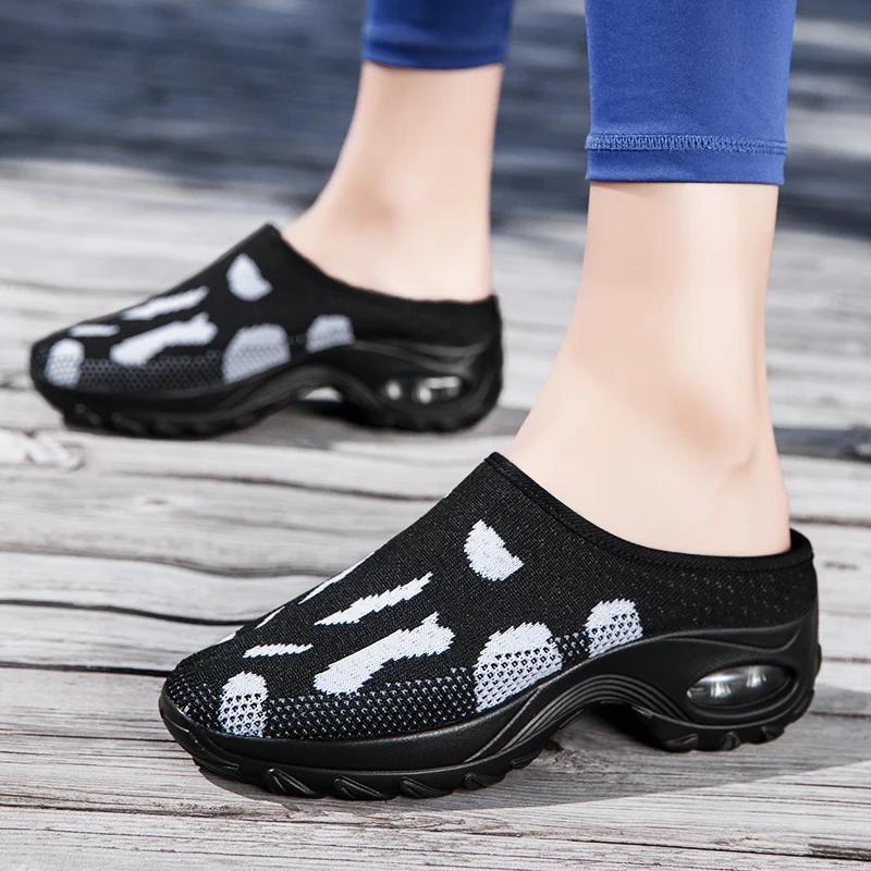 Flying Weave Cushioning Plattorm Walking Sneakers Ladies Non-Slip Size 35-42 Women Summer Half Slippers Breathable Casual Shoes
