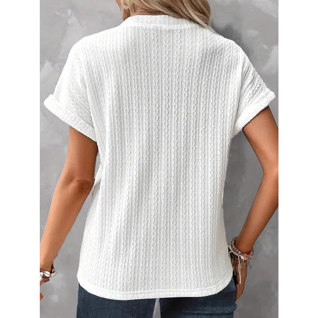IHUASU Spring Summer Women's Fashion Casual Solid Color Button V-neck T-shirt Women