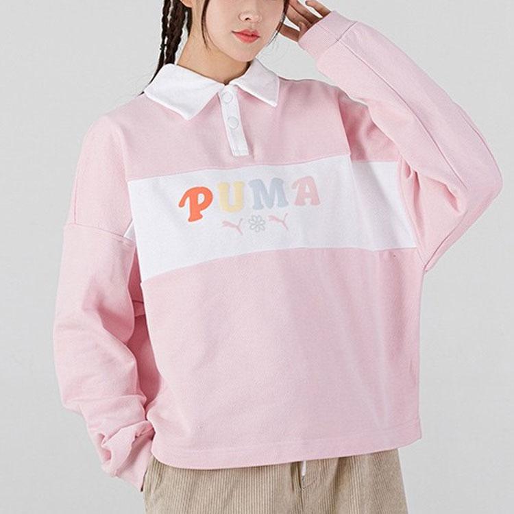 Puma Logo Print Color Block Long Sleeve Polo Shirt Women Tops Pink 536093-16