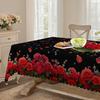 Romantic Black Bottom Red Rose Round Table Cloth, Gold Love Frame, Red Rose Petal Dining Table Decorative Cloth