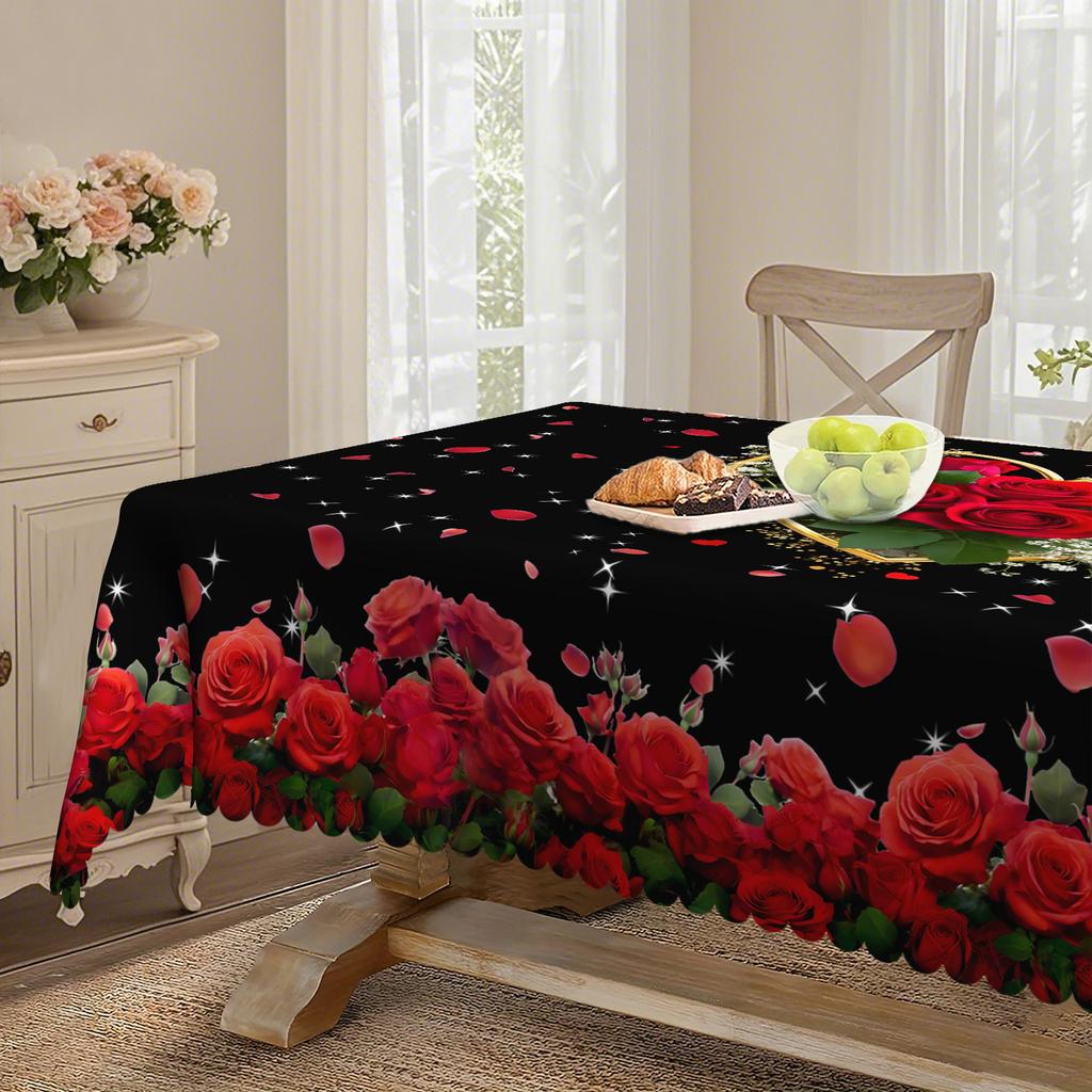 Romantic Black Bottom Red Rose Round Table Cloth, Gold Love Frame, Red Rose Petal Dining Table Decorative Cloth
