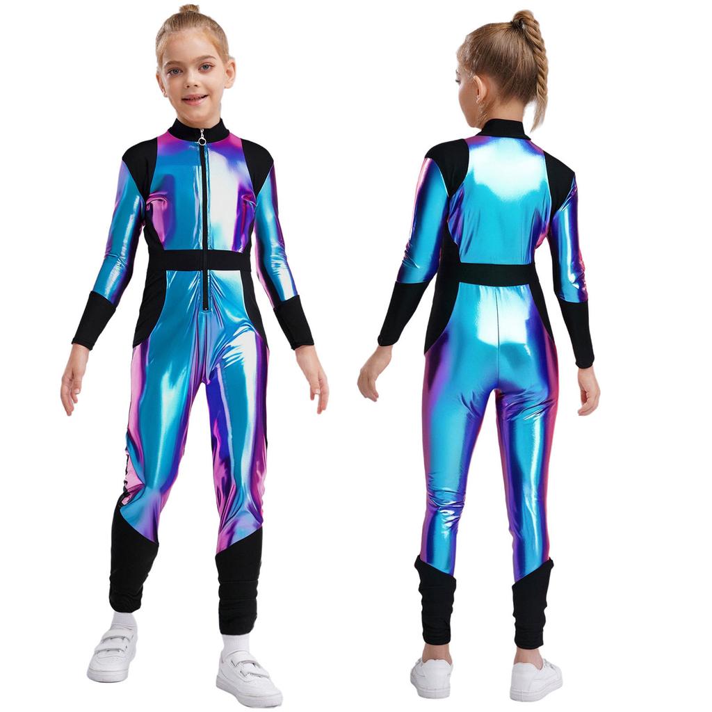 Kinder Halloween Außerirdischen Cosplay Overall: Langärmeliger Hochtaillierter Glänzender Metallischer Reißverschluss Sportlicher Body für Rollenspiele