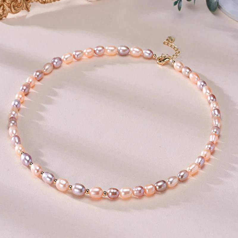 HENGSHENG 6-7mm Rice Shape Freshwater White Pink Purple Mixed Color Pearl Necklace 925 Silver Jewelry for Women Girls