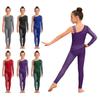 Children‘s Asymmetrical Bodysuit for Gymnastics Figure Skating Mesh Patchwork Rhinestone Embellished Back Zipper Jumpsuit for Performance