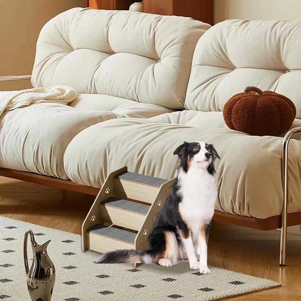 Eco-Friendly Wooden Pet Stairs - Dog Steps with Anti-Slip Diamond Treads & Adjustable Height for Beds/Couches