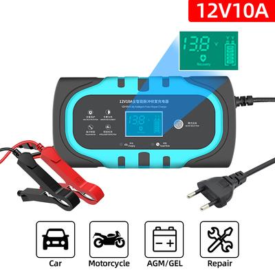 Carregador de bateria inteligente para carro e motocicleta, 12v 10a, com tela lcd sensível ao toque, reparação de pulso, carregadores de chumbo-ácido seco e molhado