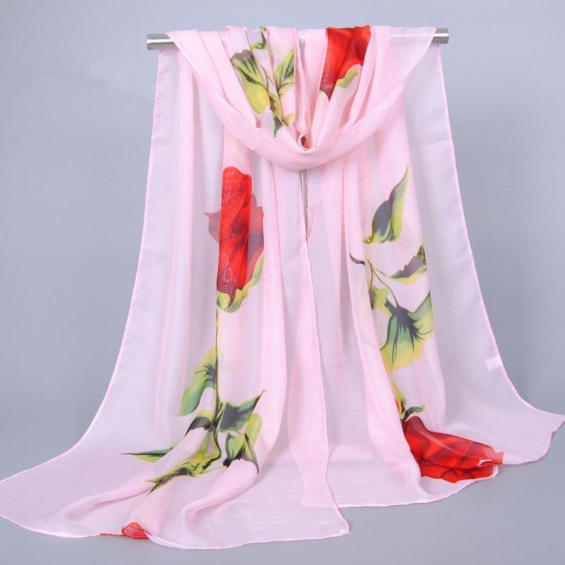 1Pc New Fashion Chiffon Silk Hijab Women's Long Soft Rose Flower Print Scarves Foulard Women Shawls