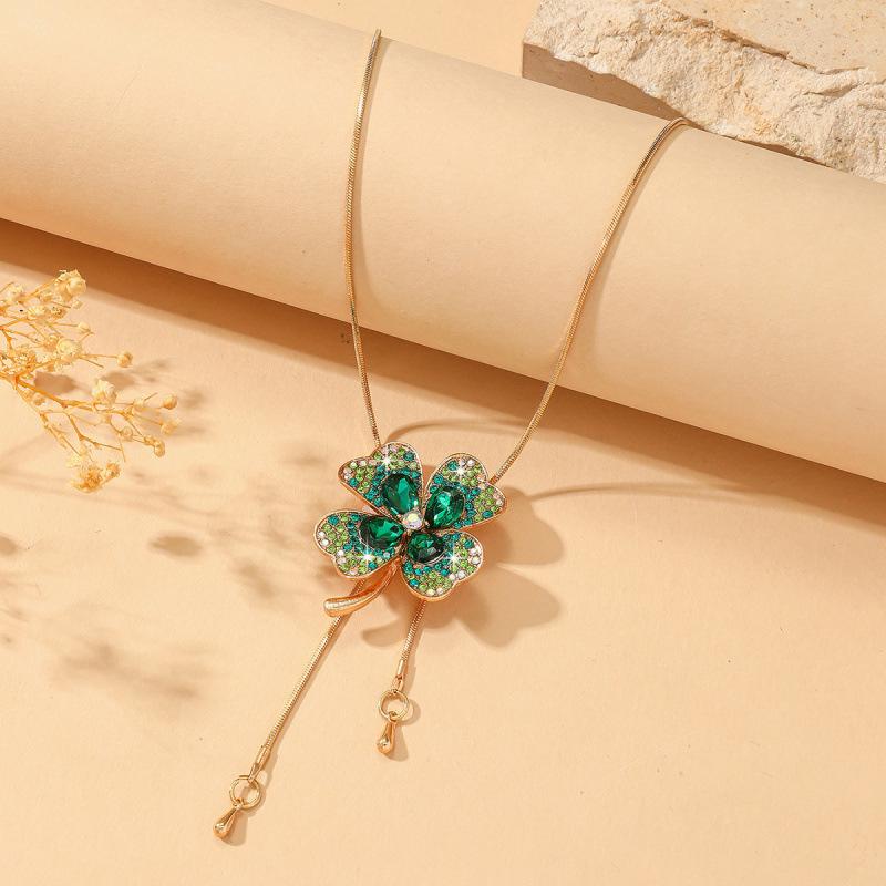 Elegant Shimmering Crystal Four-Leaf Clover Sweater Necklace