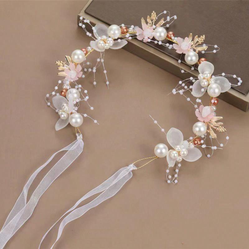 Faux Pearl & Flower Beaded Headband for Bride with Beautiful Floral Wreath Design, Thin Veil, Hair Accessories for Wedding Boho Bow Tiara