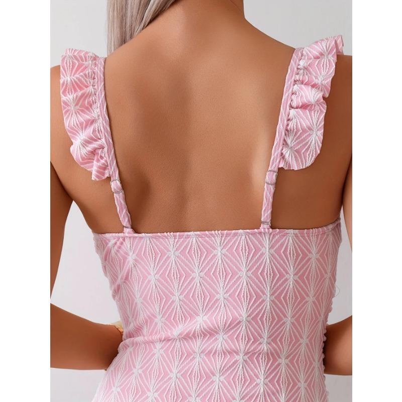 Vintage Ruffles Strap One Piece Swimsuit 2025 Women Pink Mesh Contrast Underwire Slim Tummy Control Swimwear Beach Bathing Suit