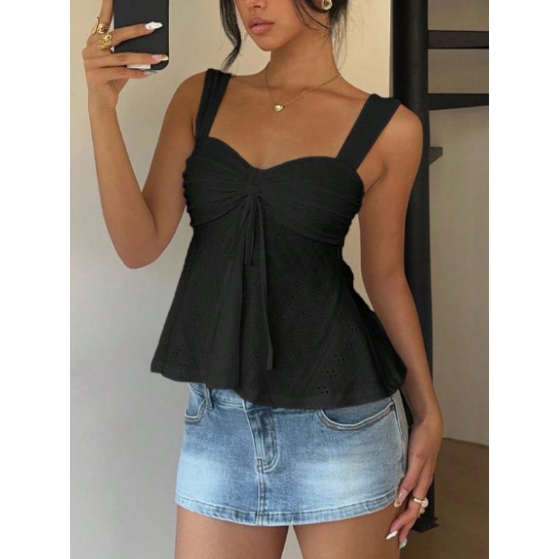 Summer Knitted Fabric Drawstring Wide Shoulder Strap Vest Top Women's Top Trendy White Eyelet Embroidery Camisole Top