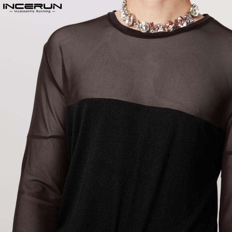 INCERUN Men Long Sleeve Patchwork Mesh Sheer See Through Tops T-shirts Undershirts