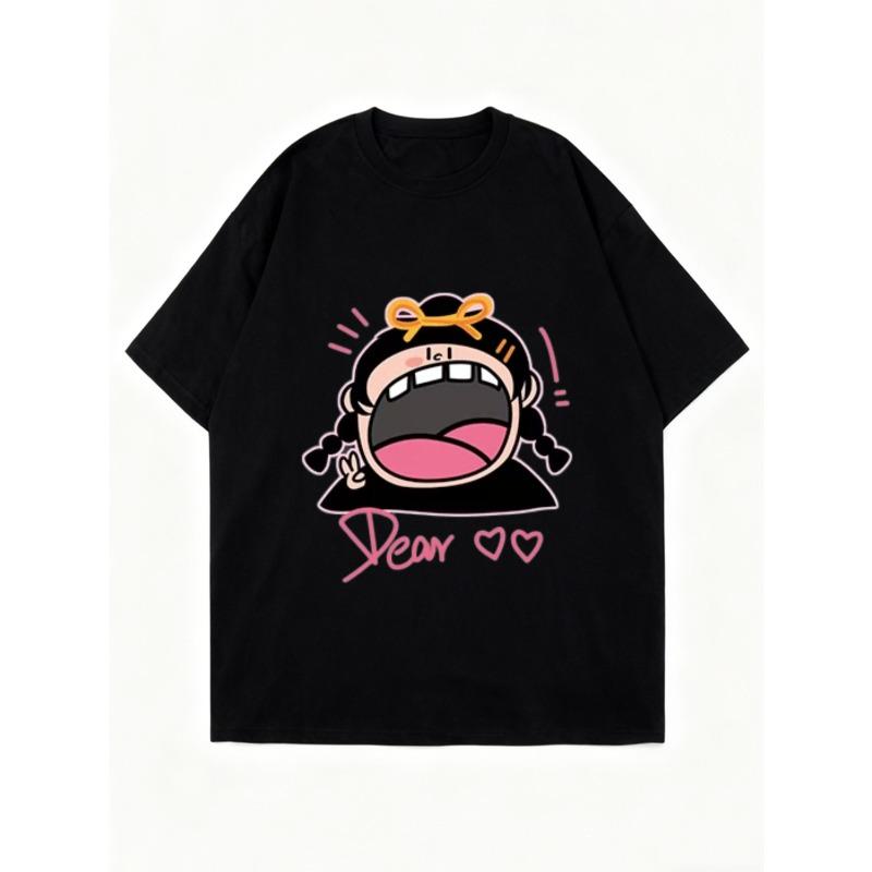 Oversized T Shirt Black Cartoon Character With Open Mouth And Dear Text Graphic Print Casual Streetwear For Women