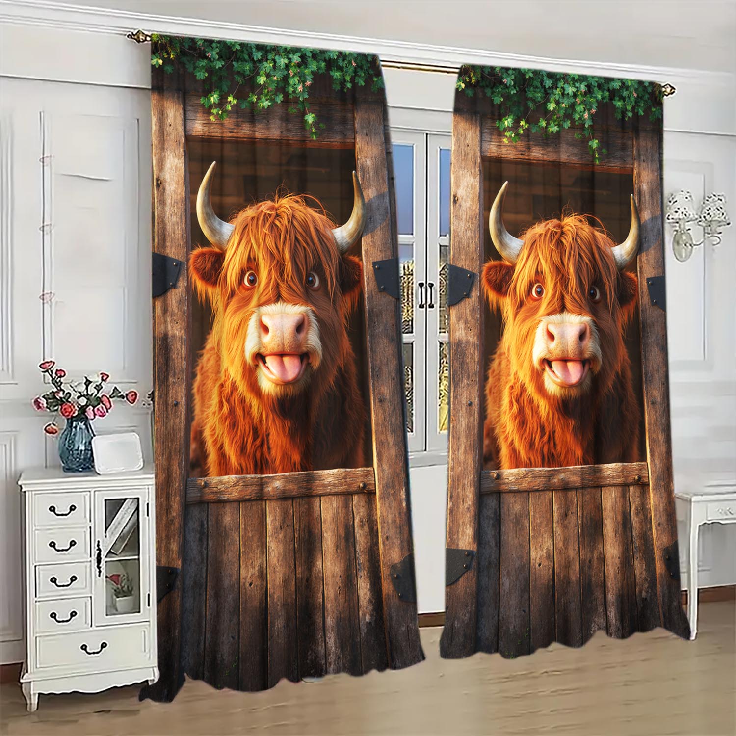 

Set Of 2 Cute Highland Calf Decorative Curtains Animal Themed Semi Curtain With Blackout Polyester W100*H70(CM)-Hooks&1PCS