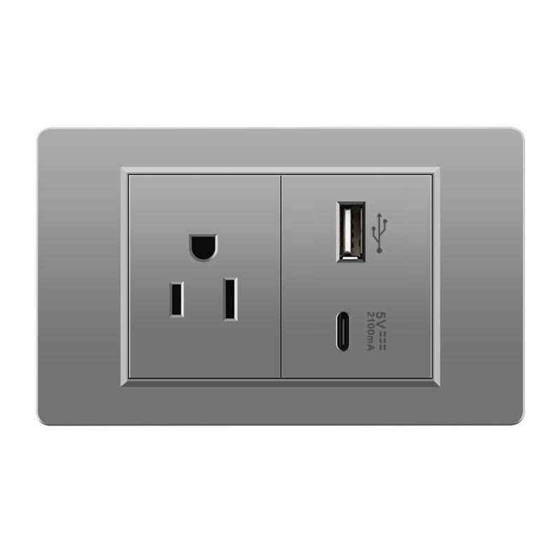 118 Type Switch Six-Hole Gray Wall Socket with Type-C 20W, Thai Style & PC Panel, Taiwan Socket