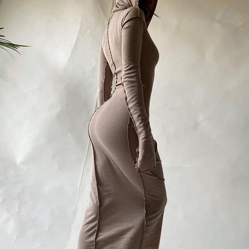 Uzun Kollu Kapşonlu Patchwork Sıska Maxi Elbise Sonbahar Kış Kadın Moda Sokak Şıklığı Rahat Kıyafetler