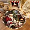 Santa and Puppy Christmas Round Rug, Welcome Doormat for Entrance, Washable Flannel Mat for Living Room, Patio, Festive Decor