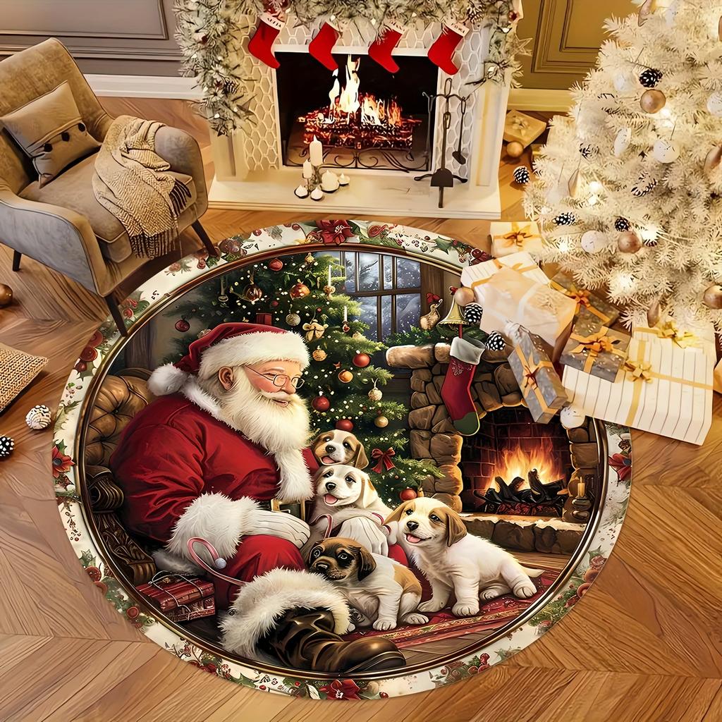 Santa and Puppy Christmas Round Rug, Welcome Doormat for Entrance, Washable Flannel Mat for Living Room, Patio, Festive Decor