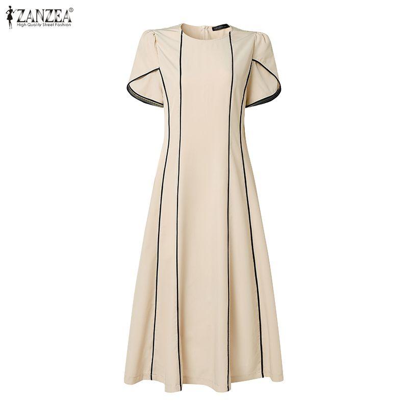 ZANZEA Vestido de Verano Elegante de Manga Corta con Cuello Redondo Casual para Mujer
