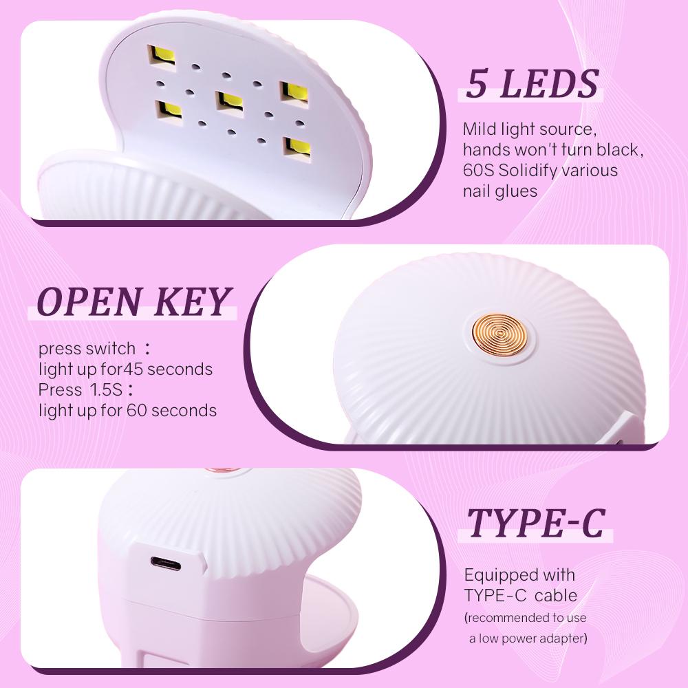 Mini UV LED Nail Lamp Portable Nail Dryer USB Charging Quick Drying Manicure Lamp for Nail Salon Shell Shaped Nail Art Lamp