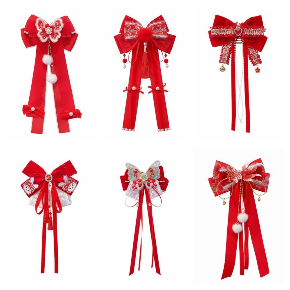 Red New Year Hairpin Tassel Hanfu Hair Ornamen Sweet Bow Ribbon Hair Clip  Braid