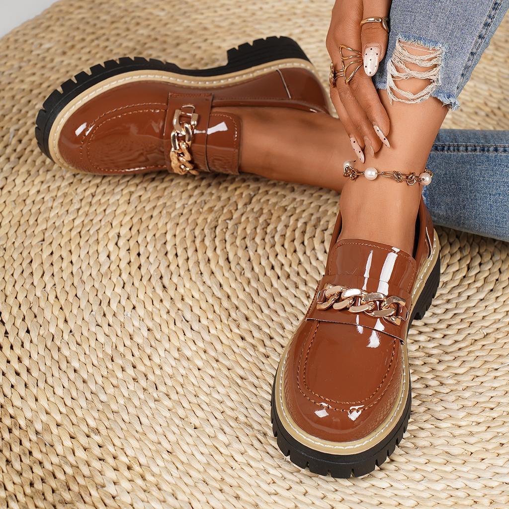 2025 autumn new foreign trade large size round head thick heel thick sole one pedal glossy small leather shoes loafers women