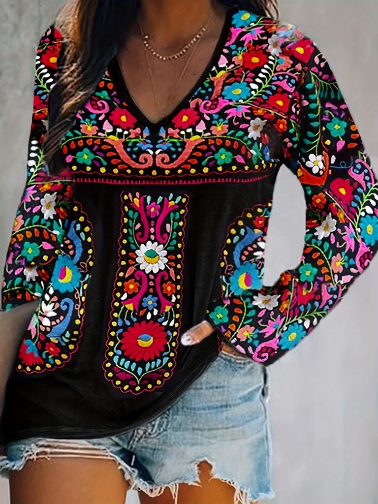 Retro ethnic style print women's casual v-neck long-sleeved T-shirt