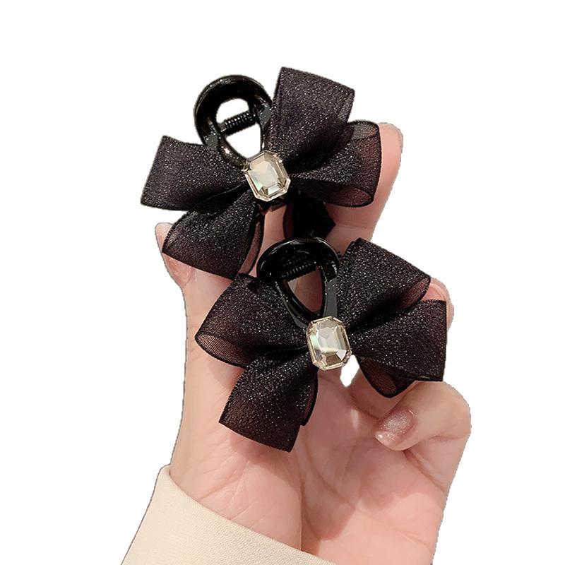 Double-Sided Rhinestone Mesh Bow Claw Clip for Bangs and Broken Hair