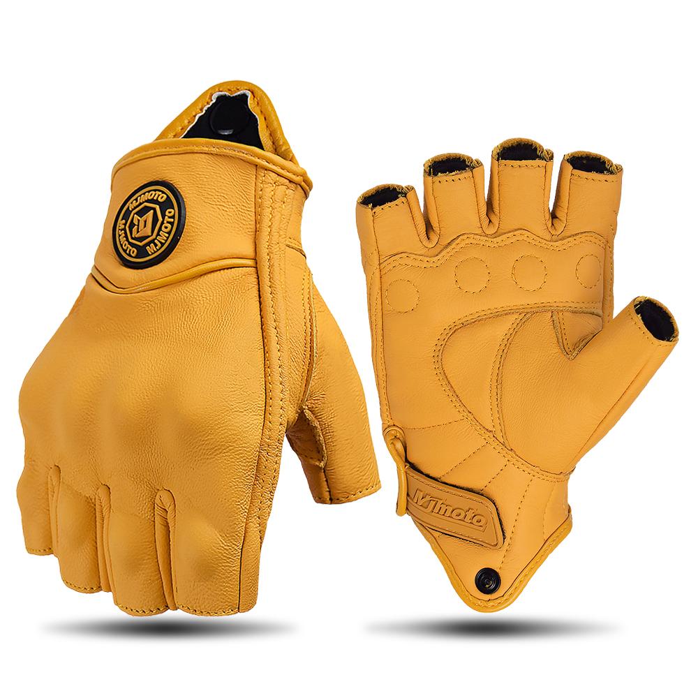MJMOTO Retro Leder Motorrad Halbfingerhandschuhe Touchscreen Motocross Handschuhe Hartschalen Schutz Motorradhandschuh Atmungsaktiv