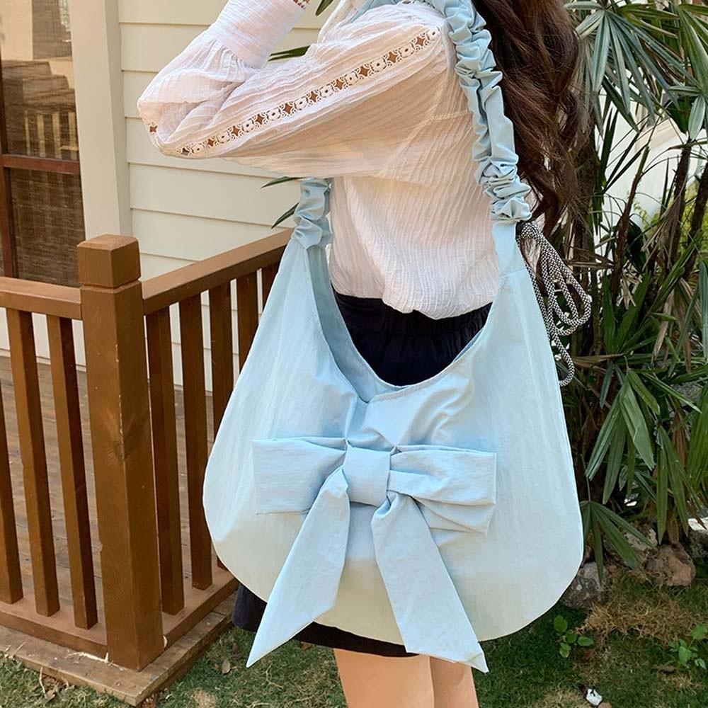 Solid Color Bow Decor Dumpling Bag Tote Large Capacity Pleated Strap Crossbody Bag Nylon Polyester Korean Sweet Shoulder Pouch