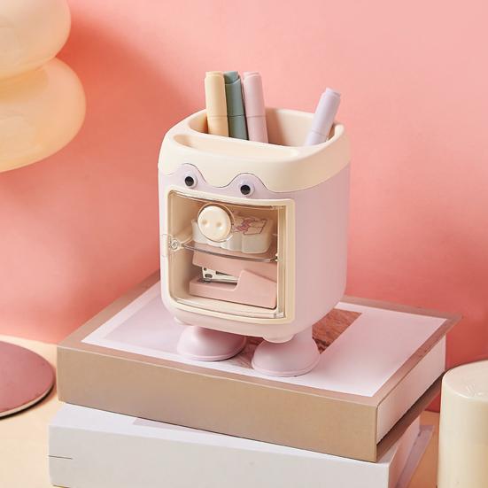 Cute Cartoon Pig Pen Holder Multi-Grid Desk Organizer with Drawer Multi-functional Cosmetic Makeup Brush Holder for Home Office School Supplies
