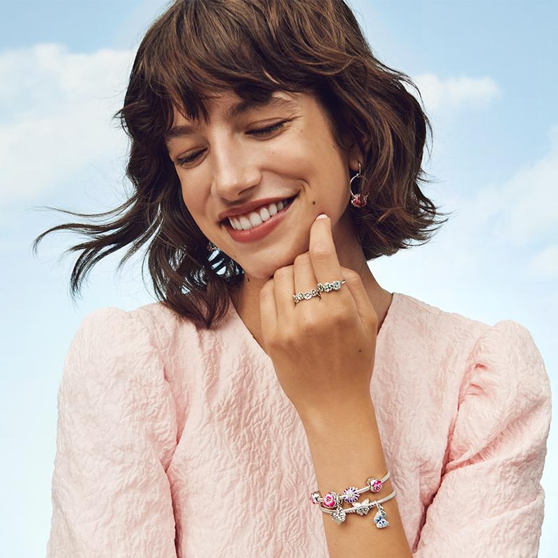 Pink Cherry Blossom Dangle Daisy Spacer Clip Charm Beads Fit Original Bracelet Necklace Bead For Diy Jewelry Women Gift