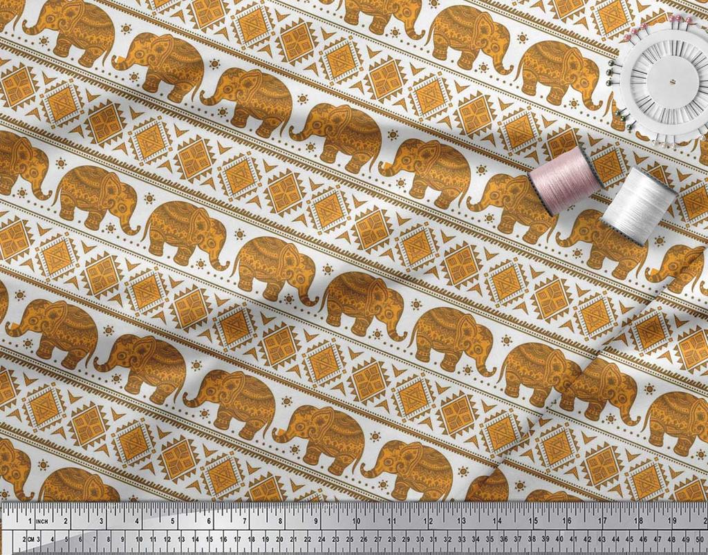Soimoi Japan Crepe Satin Fabric Aztec & Tribal Elephant Ethnic Print Sewing Fabric Metre 42 Inch