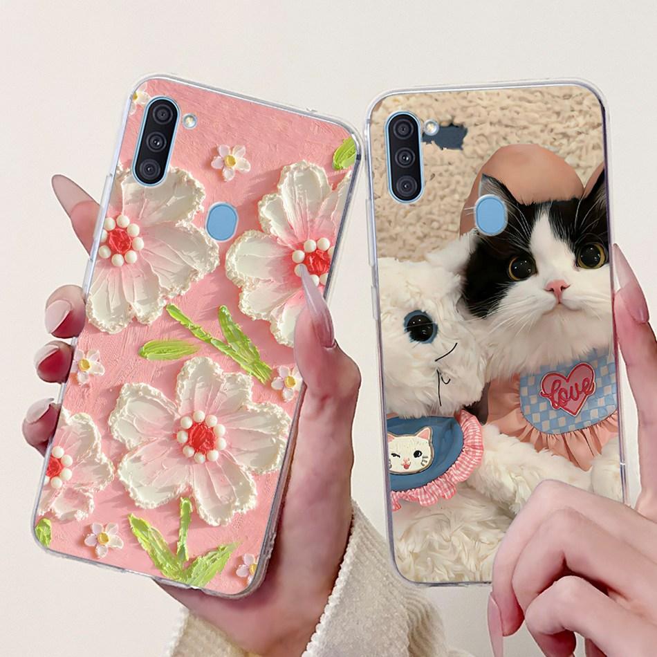 For Samsung Galaxy A11 M11 Phone Case Samsung A11 M11 A115F M115F Elegant Floral Cat Painted Soft Silicone Transparent TPU Cases