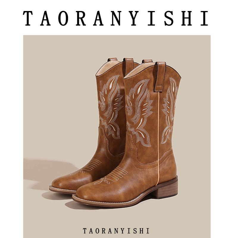 

Винтажные вышитые ботинки Мартина Женские летние коричневые ботинки на толстом каблуке Рыцарские ботинки Короткие ботинки Ботинки в стиле вестерн-ковбойском-4 37 темно-коричневого