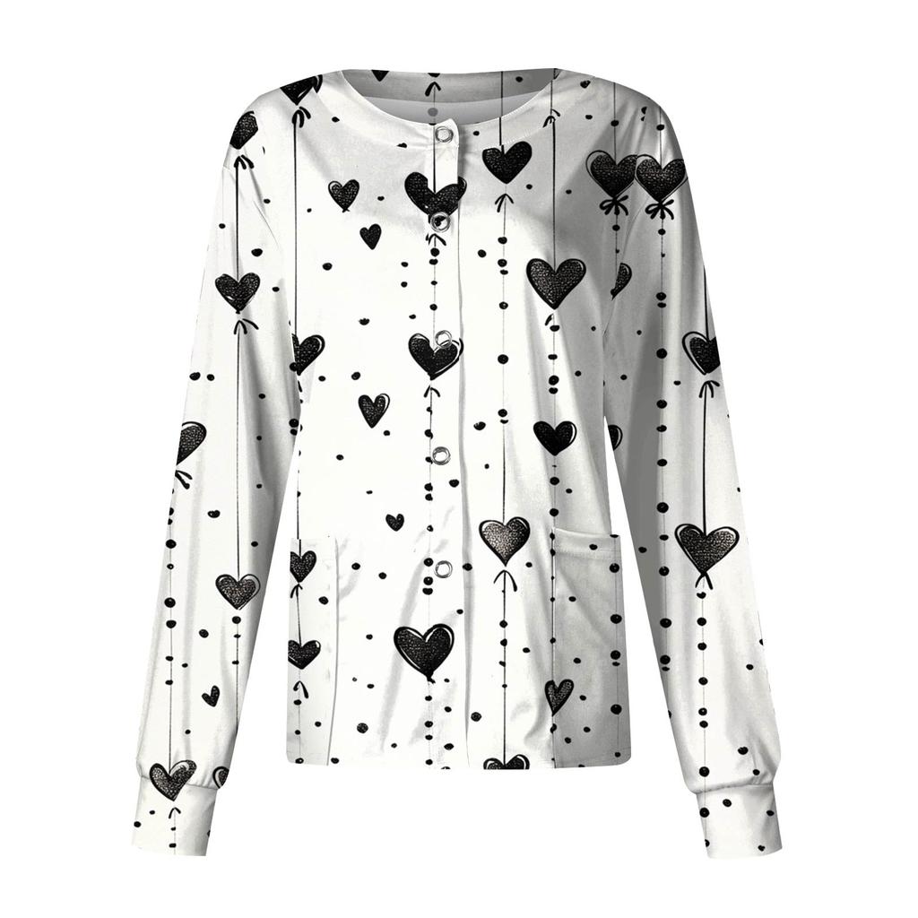 Damska codzienna moda długi rękaw stójka jednorzędowa walentynkowy nadruk kurtka robocza topy