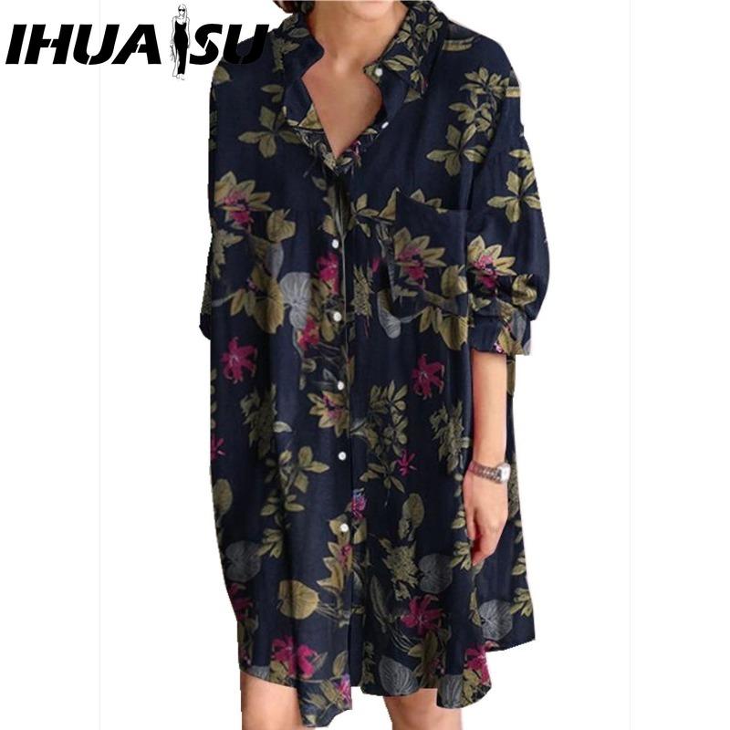 IHUASU Women Turn-down Collar Long Sleeve Shirt Dress Summer Fashion Plaid Print Dress