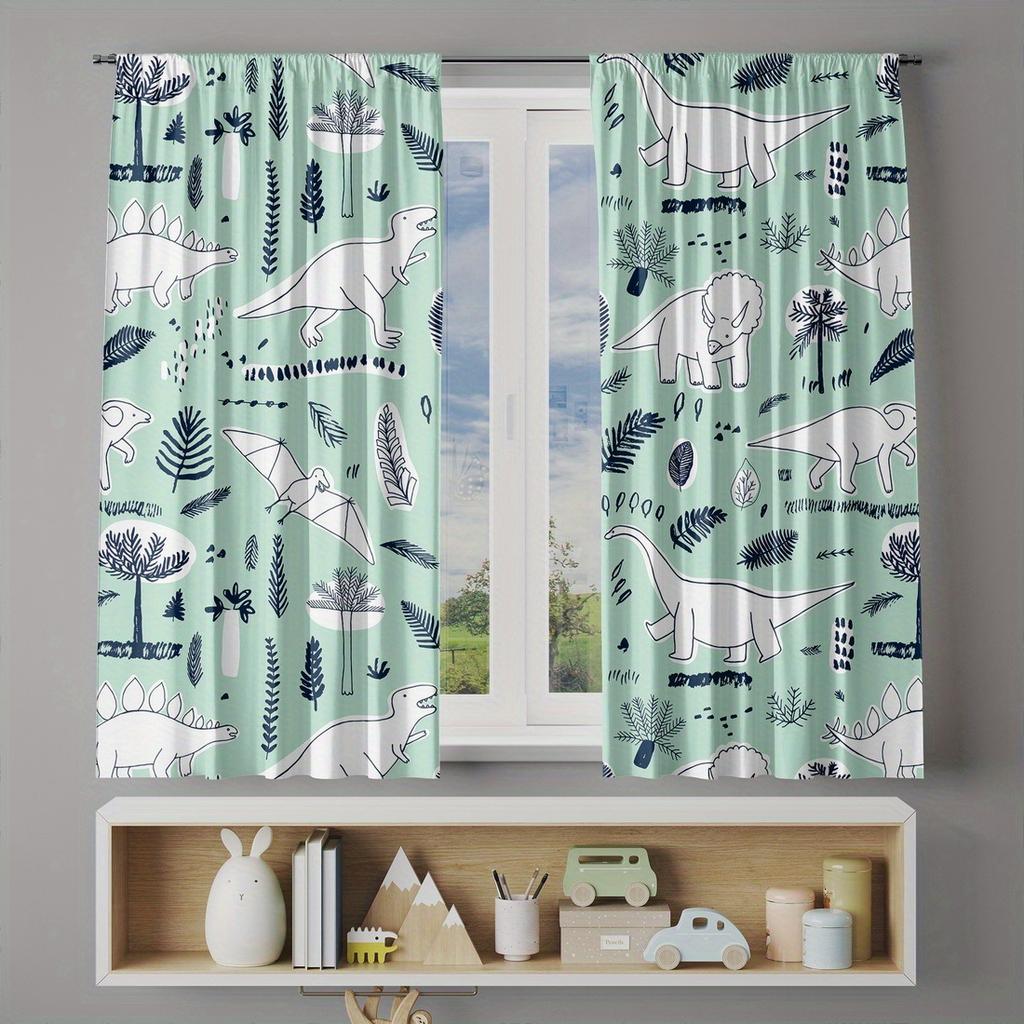 2-piece Cartoon Dinosaur Print Curtains   Polyester Fabric   Machine Washable   Suitable for Bedroom Living Room Decoration