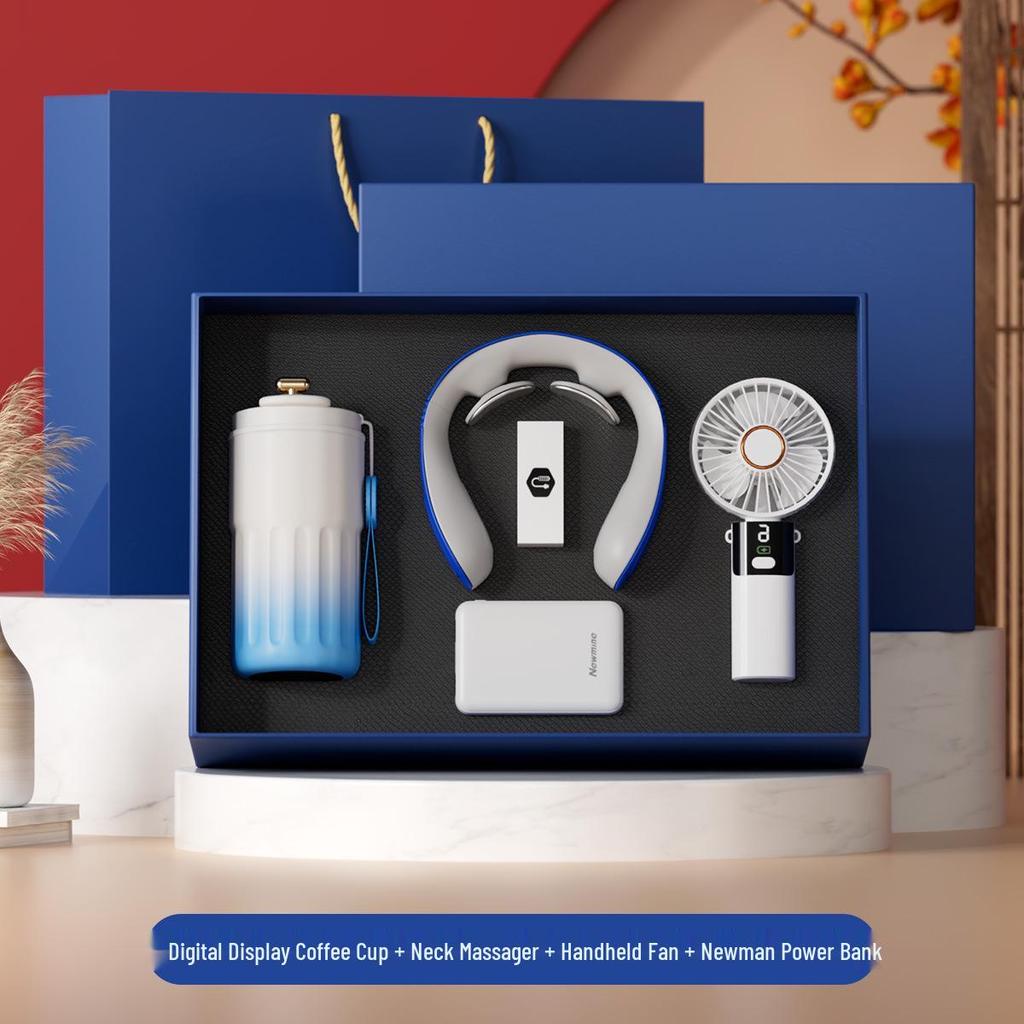 Digital Display Coffee Cup & Handheld Fan Business Gift Set for Leaders & Colleagues - Customizable with Logo