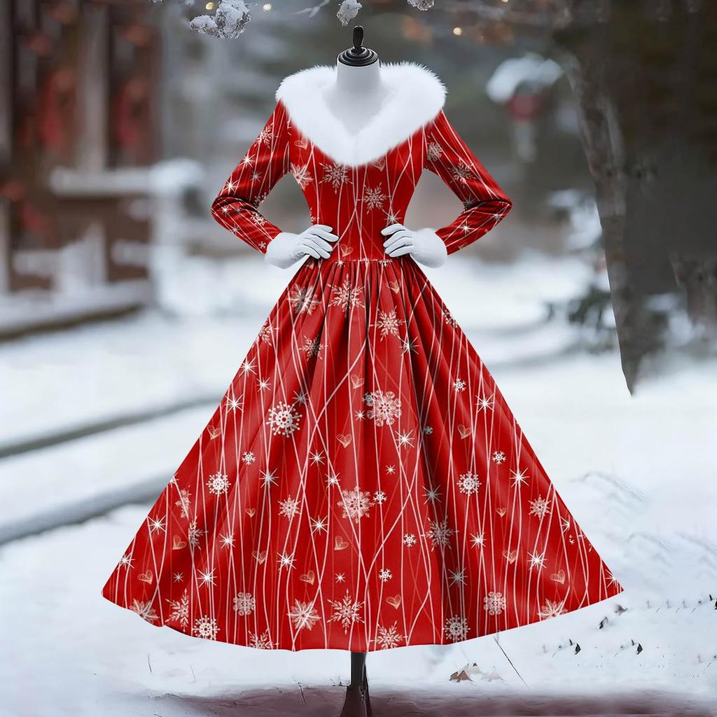Women's Casual Dress Long-Sleeve V-Neck Patchwork Fleece Christmas Print Dress