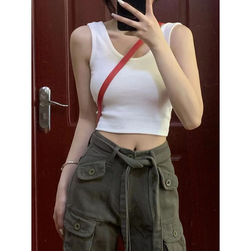 

Жилет Женский Костюм Внутренний Слой Базовый Верхняя Одежда Инс Мода Сексуальный Чистый Хлопок Широкая Бретелька Футболка Короткие Топы Лето White cotton camisole women s summer outer wear S