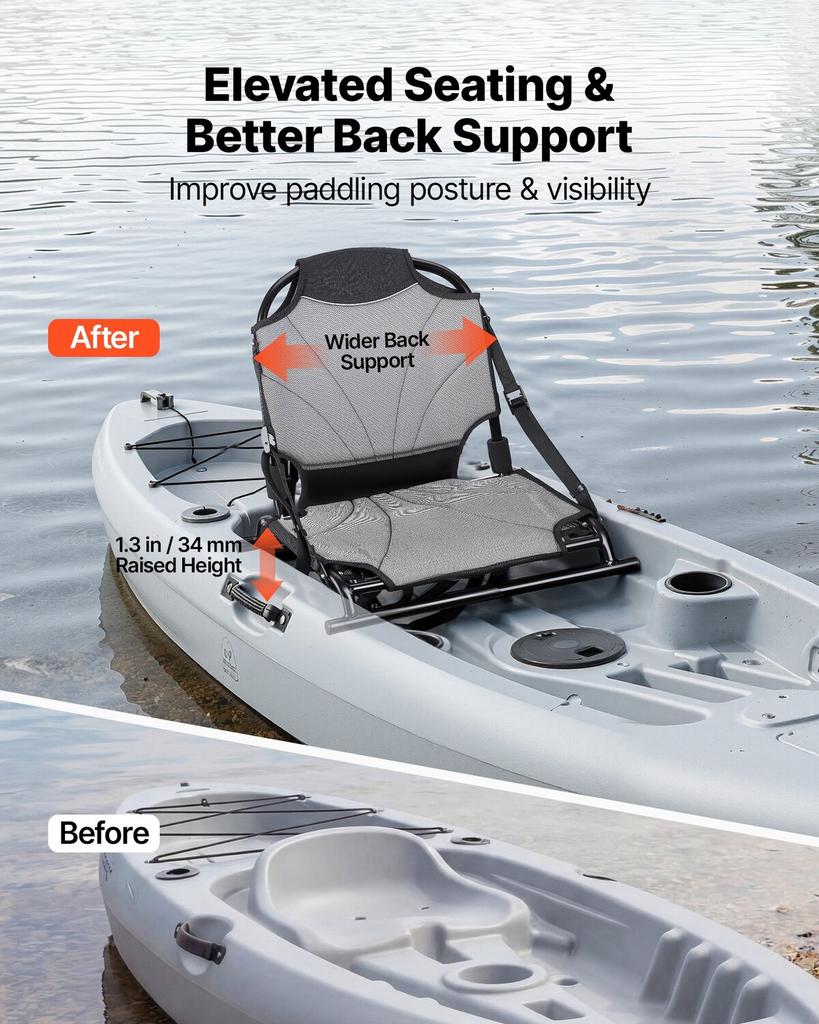 Kayak Seat, 1 Pack 34 mm Raised Height, Universal Foldable Canoe Seat with Adjustable Back Support, Adjustable Straps, and Aluminum Alloy Frame for