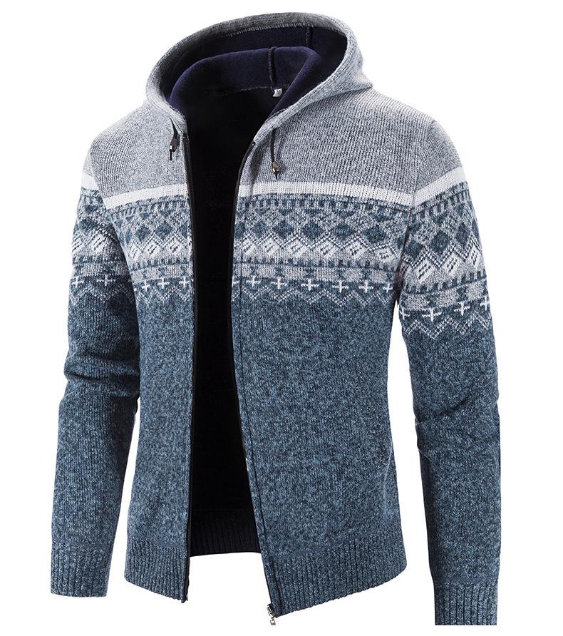 Men's Autumn Winter Zippered Hooded Sweater Cardigans - Thick Patterned Warm Knitwear for Casual Style
